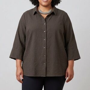 Addition Elle Grey Crinkle Cotton Blend Button Front Shirt 4X